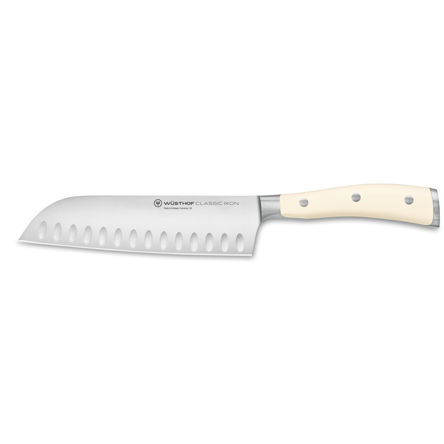 Classic Ikon 7" Hollow Edge Santoku with a forged German steel blade featuring hollowed indentations and a smooth ivory triple-riveted handle for balanced cutting.