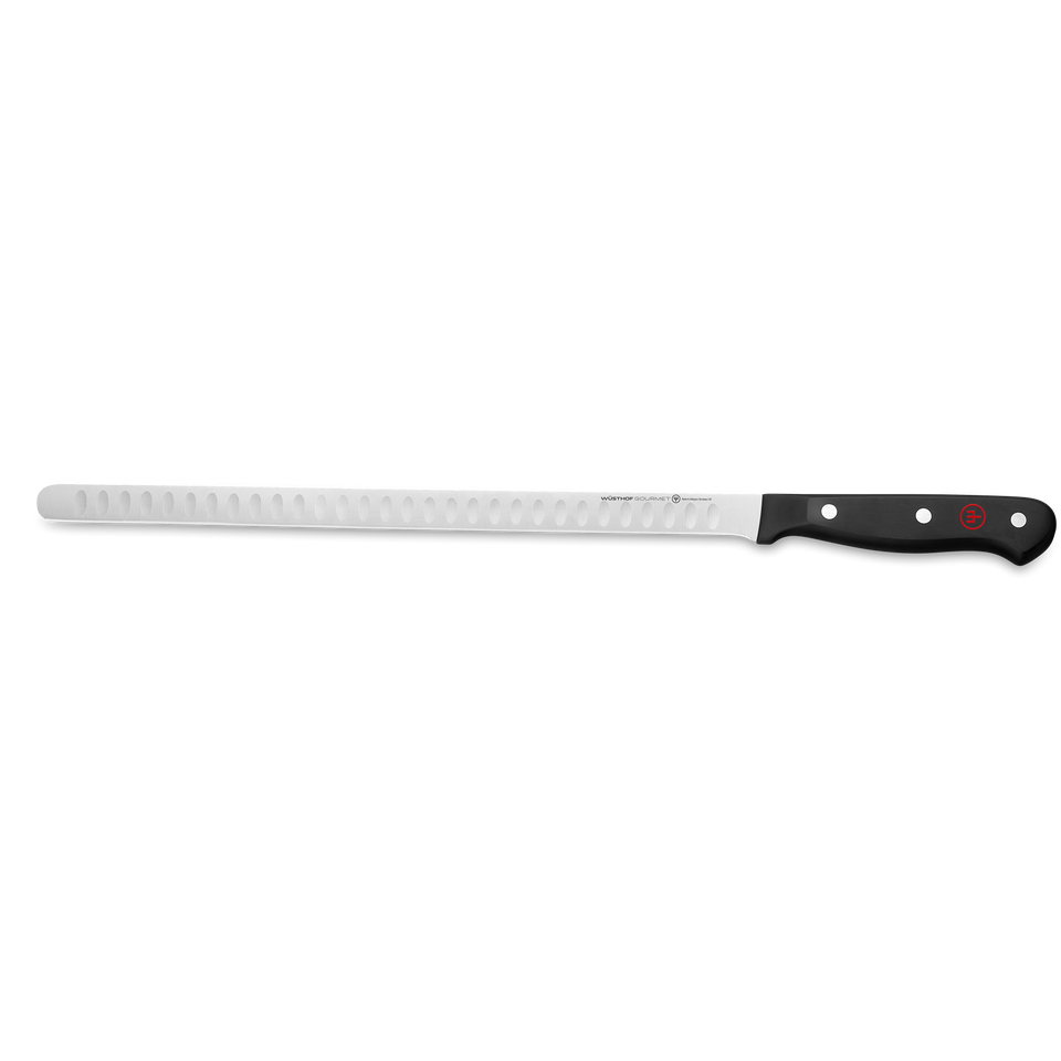 Gourmet 11" Hollow Edge Salmon Slicer with a long, narrow forged stainless steel blade featuring hollow edges and a black triple-riveted ergonomic handle for precise slicing.