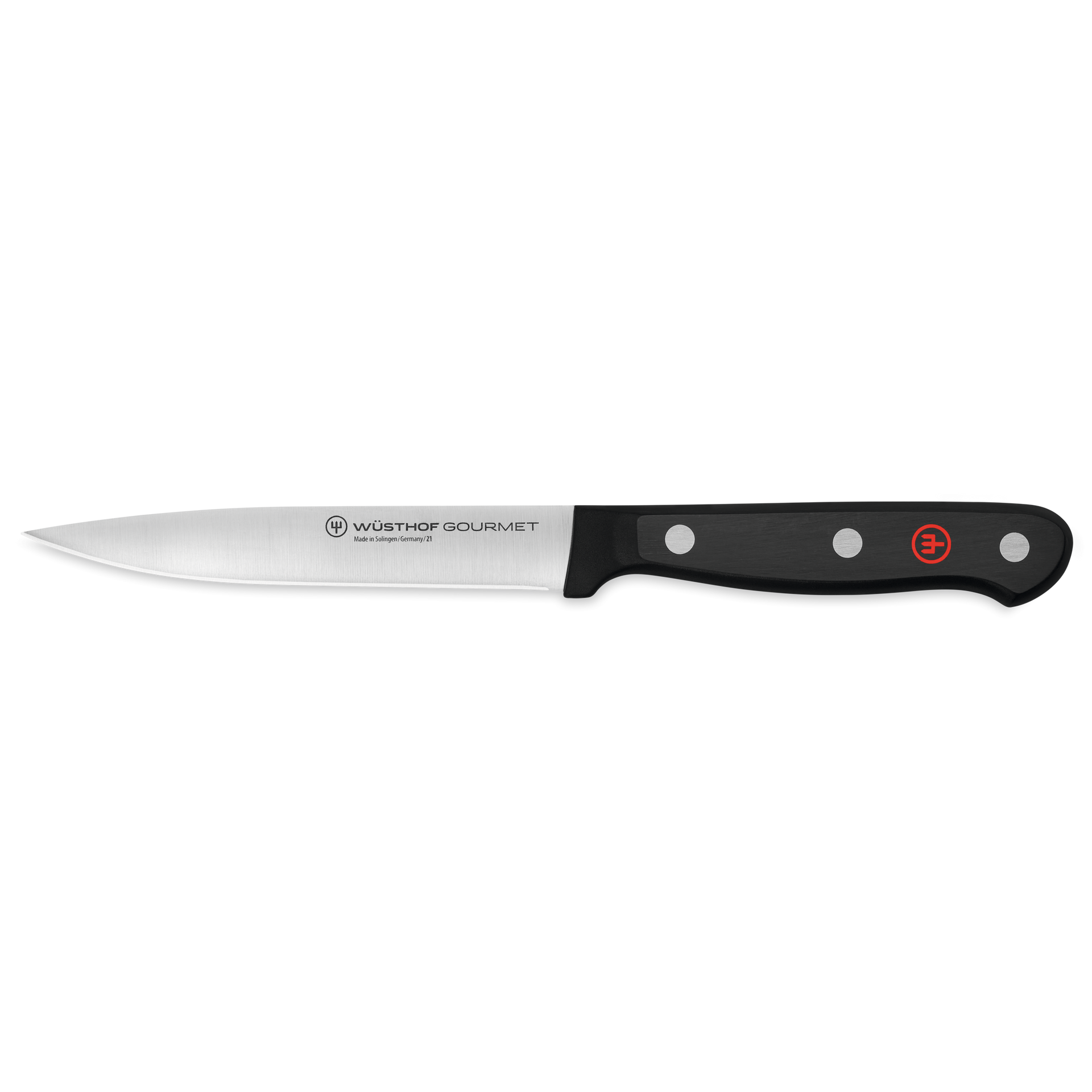 Gourmet 4 1/2" Utility Knife with a slim, forged stainless steel blade and a black synthetic handle featuring three rivets and a red emblem.