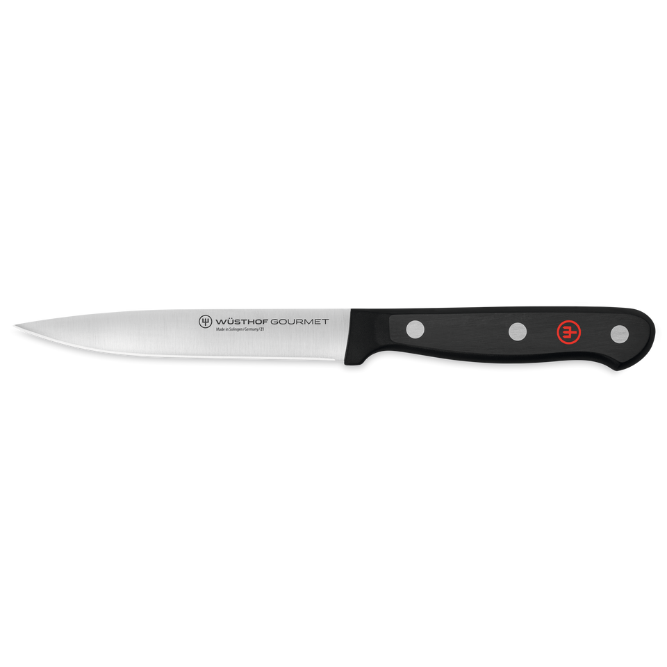 Gourmet 4 1/2" Utility Knife with a slim, forged stainless steel blade and a black synthetic handle featuring three rivets and a red emblem.
