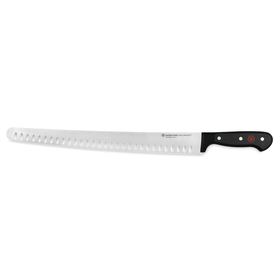 Gourmet 14" Hollow Edge Brisket Slicer featuring a long forged German blade with hollow indentations and a triple-riveted black ergonomic handle for precise carving.