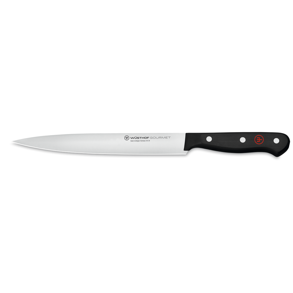 Gourmet 8" Carving Knife with a long, forged stainless steel blade and an ergonomic black synthetic handle featuring three rivets and a red emblem.