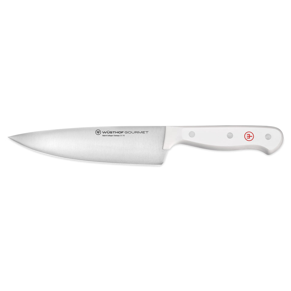Gourmet 6" Chef's Knife featuring a polished forged stainless steel blade with a sleek white synthetic handle and two rivets for durable precision cutting.