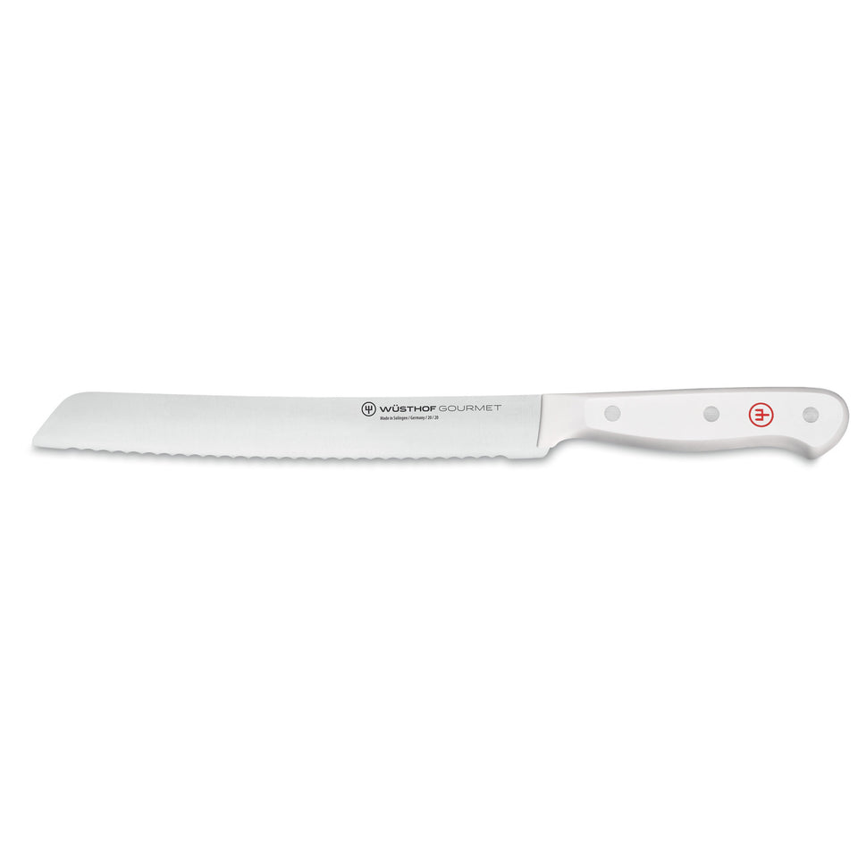 Gourmet 8" Bread Knife with a serrated stainless steel blade and smooth white synthetic handle secured by three rivets featuring a red WÜSTHOF emblem.