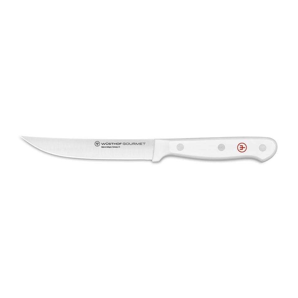 Gourmet 4 1/2" Steak Knife with a slim, sharp stainless steel blade and a white synthetic handle featuring three rivets and a red emblem.