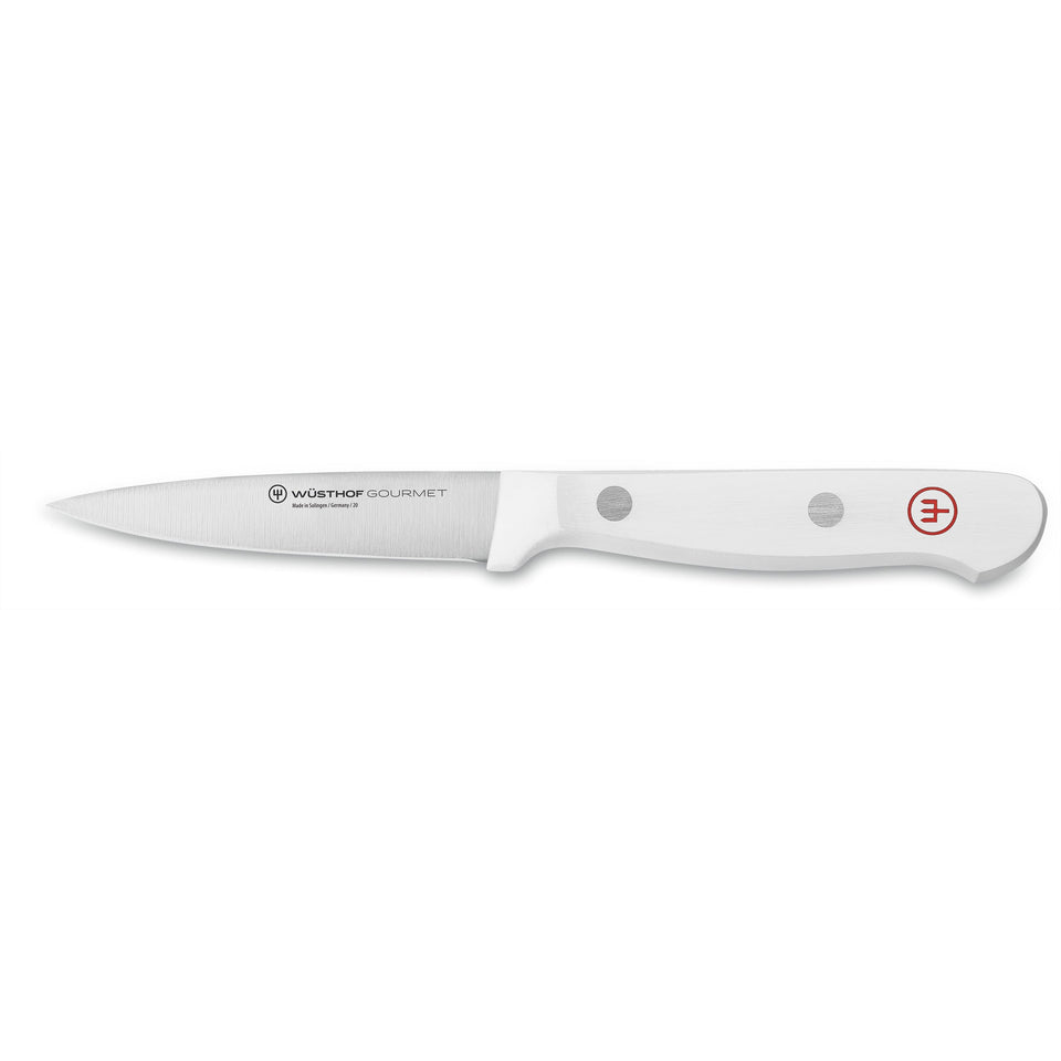 Gourmet 3" Spear Point Paring Knife with a finely tapered stainless steel blade and a durable white synthetic handle featuring two rivets and a red logo.