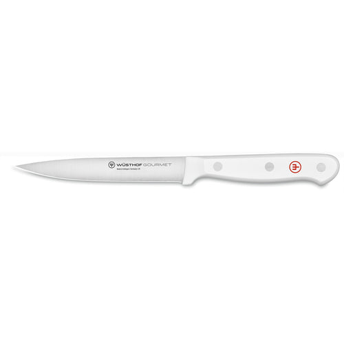 Gourmet 4 1/2" Utility Knife featuring a slim, precision-forged stainless steel blade and a white synthetic handle with three rivets and a red emblem.