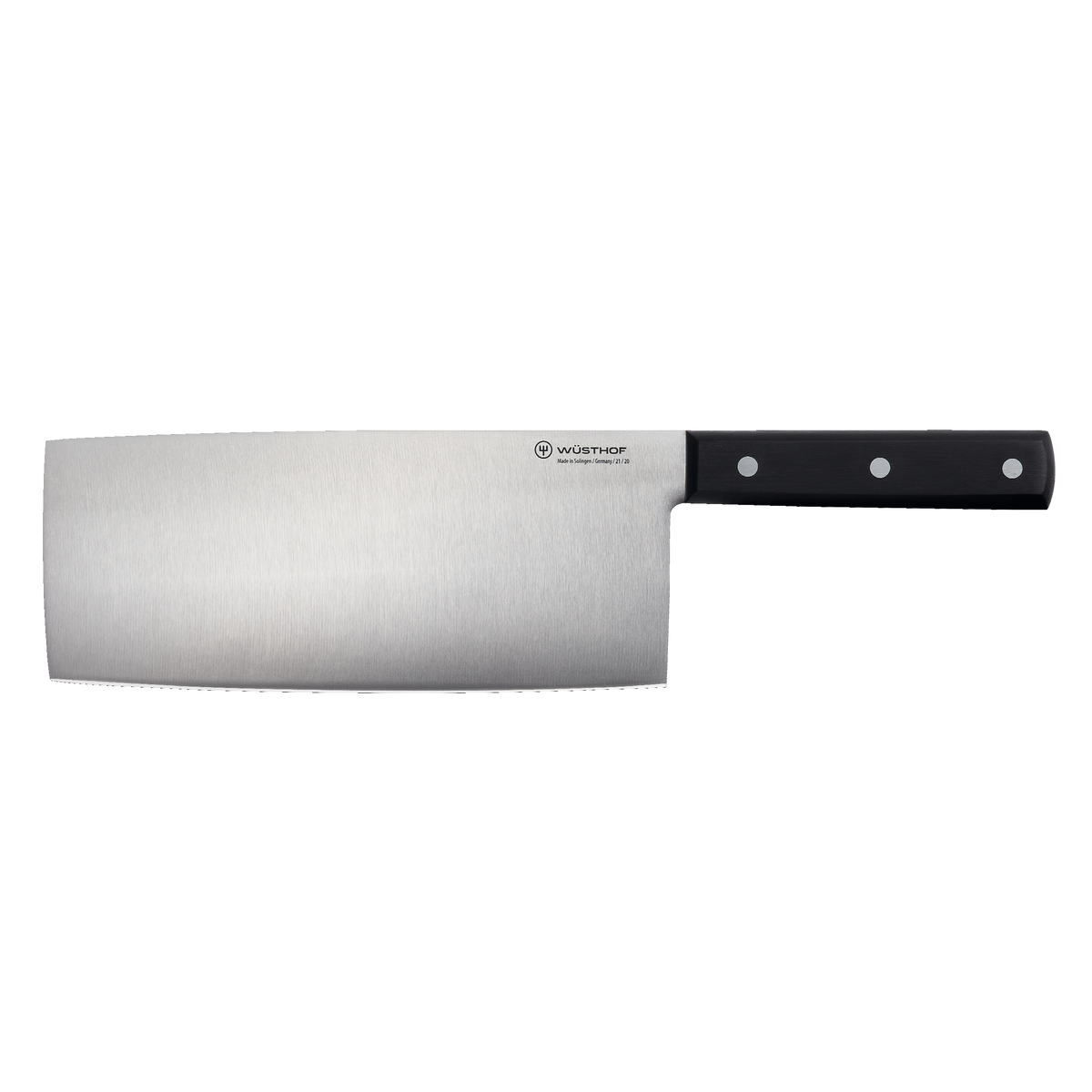 8" Chinese Chef's Knife with a wide stainless steel forged blade and a balanced black triple-riveted handle for precise and versatile kitchen cutting tasks.
