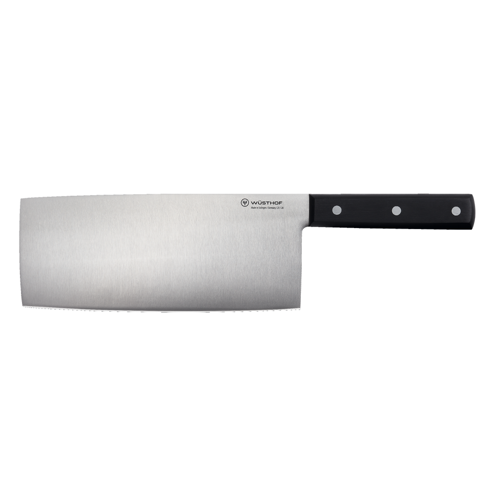 8" Chinese Chef's Knife with a wide stainless steel forged blade and a balanced black triple-riveted handle for precise and versatile kitchen cutting tasks.