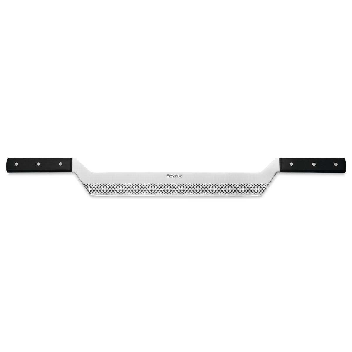 Double-Handle 12" Cheese Knife featuring a perforated forged German blade and durable black riveted handles for stable cutting and serving.