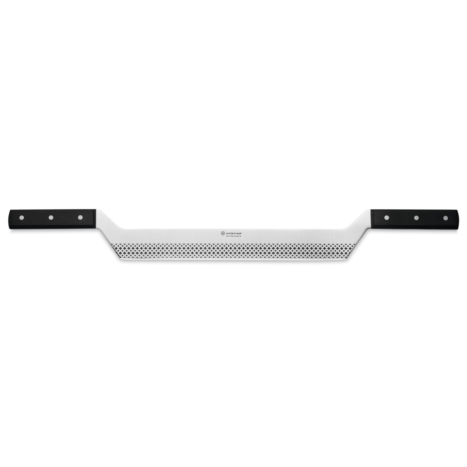 Double-Handle 12" Cheese Knife featuring a perforated forged German blade and durable black riveted handles for stable cutting and serving.