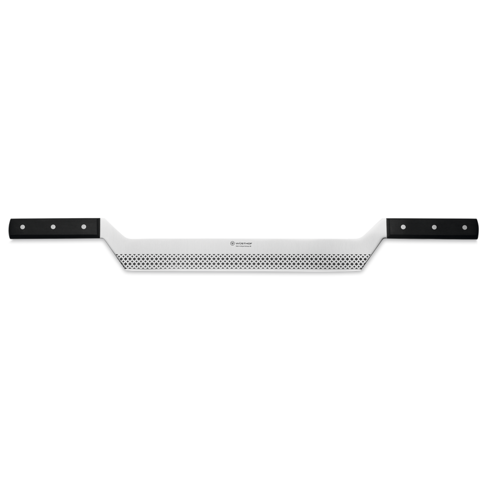 Double-Handle 12" Cheese Knife featuring a perforated forged German blade and durable black riveted handles for stable cutting and serving.