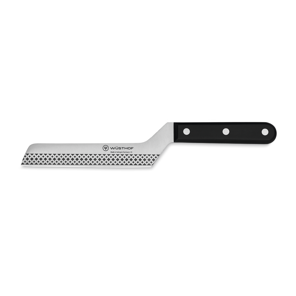 4 1/2" Cheese Knife with a perforated stainless steel blade and a black triple-riveted ergonomic handle designed for precise cheese slicing.