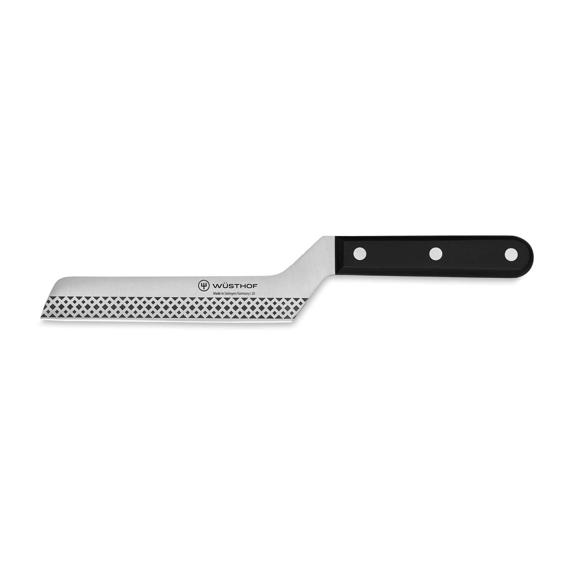 4 1/2" Cheese Knife with a perforated stainless steel blade and a black triple-riveted ergonomic handle designed for precise cheese slicing.