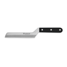 4 1/2" Cheese Knife with a perforated stainless steel blade and a black triple-riveted ergonomic handle designed for precise cheese slicing.