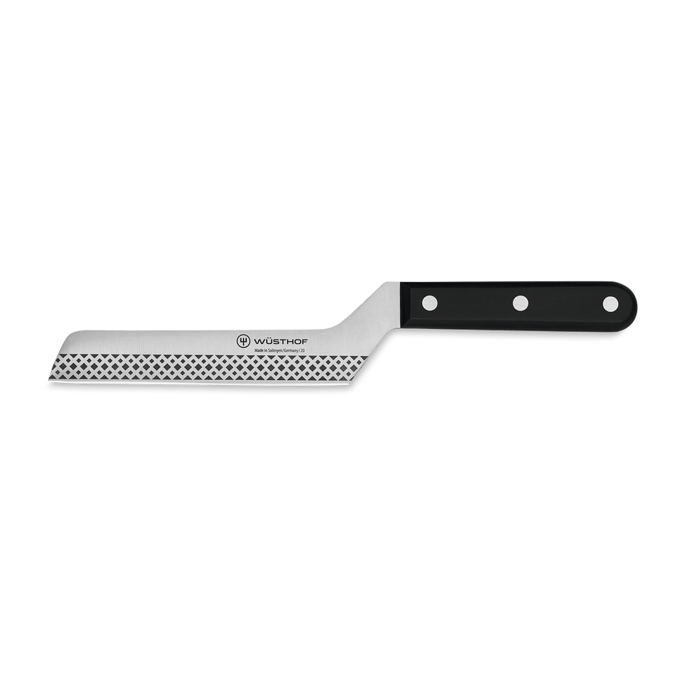 4 1/2" Cheese Knife with a perforated stainless steel blade and a black triple-riveted ergonomic handle designed for precise cheese slicing.