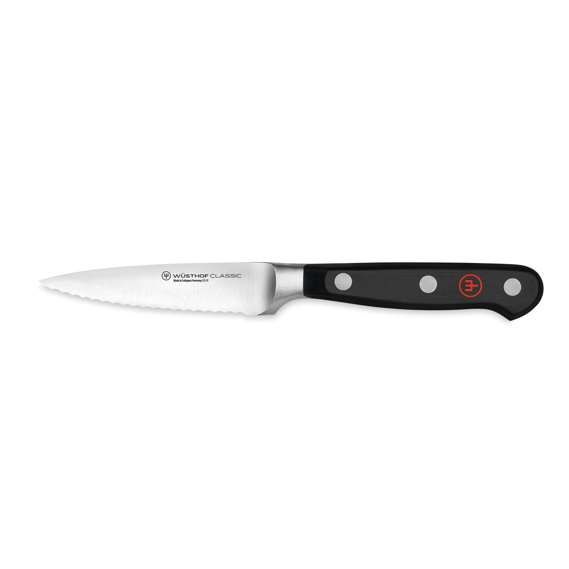 Classic 3 1/2" Fully-Serrated Paring Knife featuring a forged German steel blade with fine serrations and a triple-riveted black ergonomic handle.