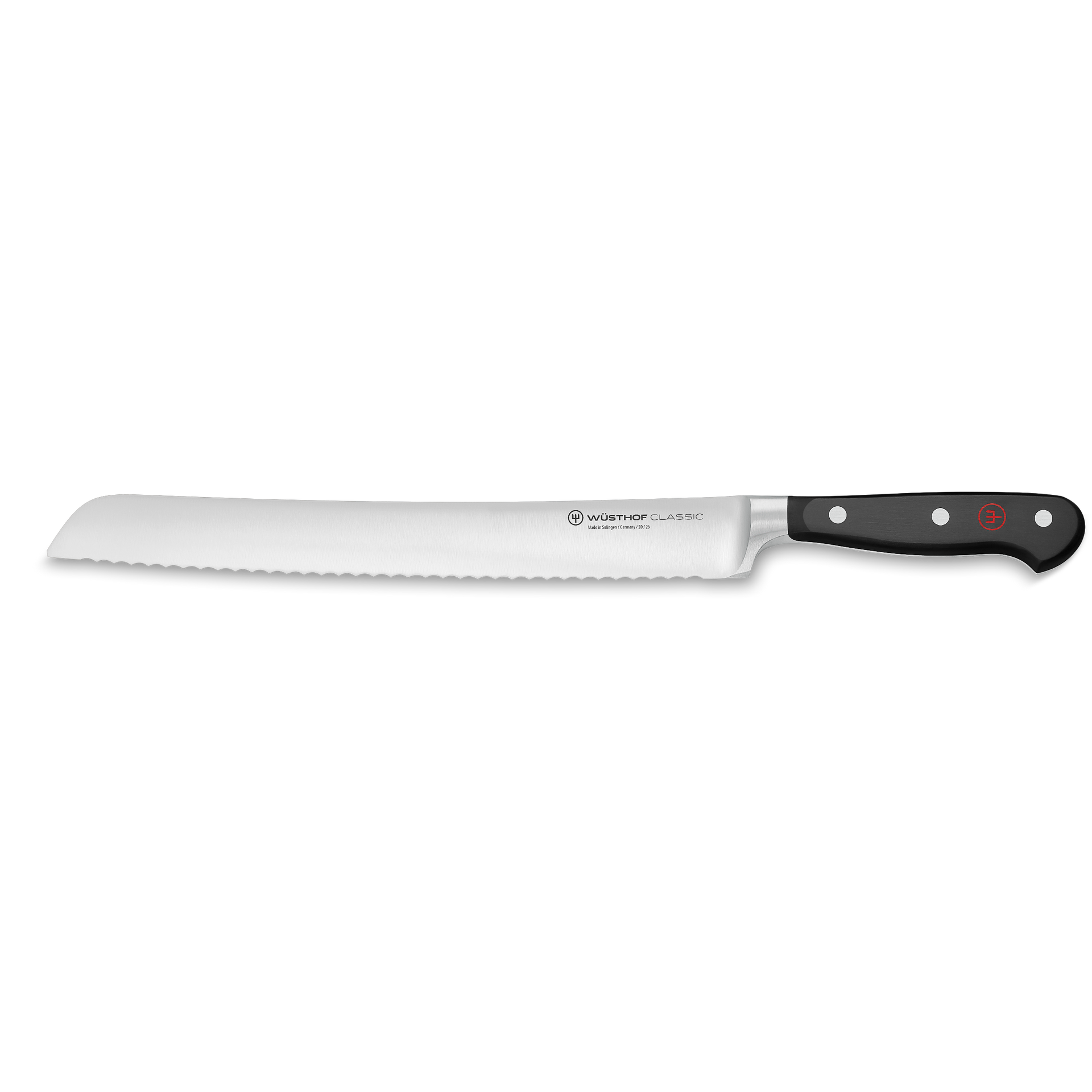 Classic 10" Bread Knife featuring a long serrated stainless steel blade and a black triple-riveted ergonomic handle for precise slicing of bread.