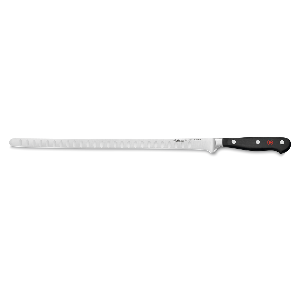Classic 12" Salmon Slicer with Hollow Edge featuring a long, narrow forged stainless steel blade and a black ergonomic handle with three rivets.