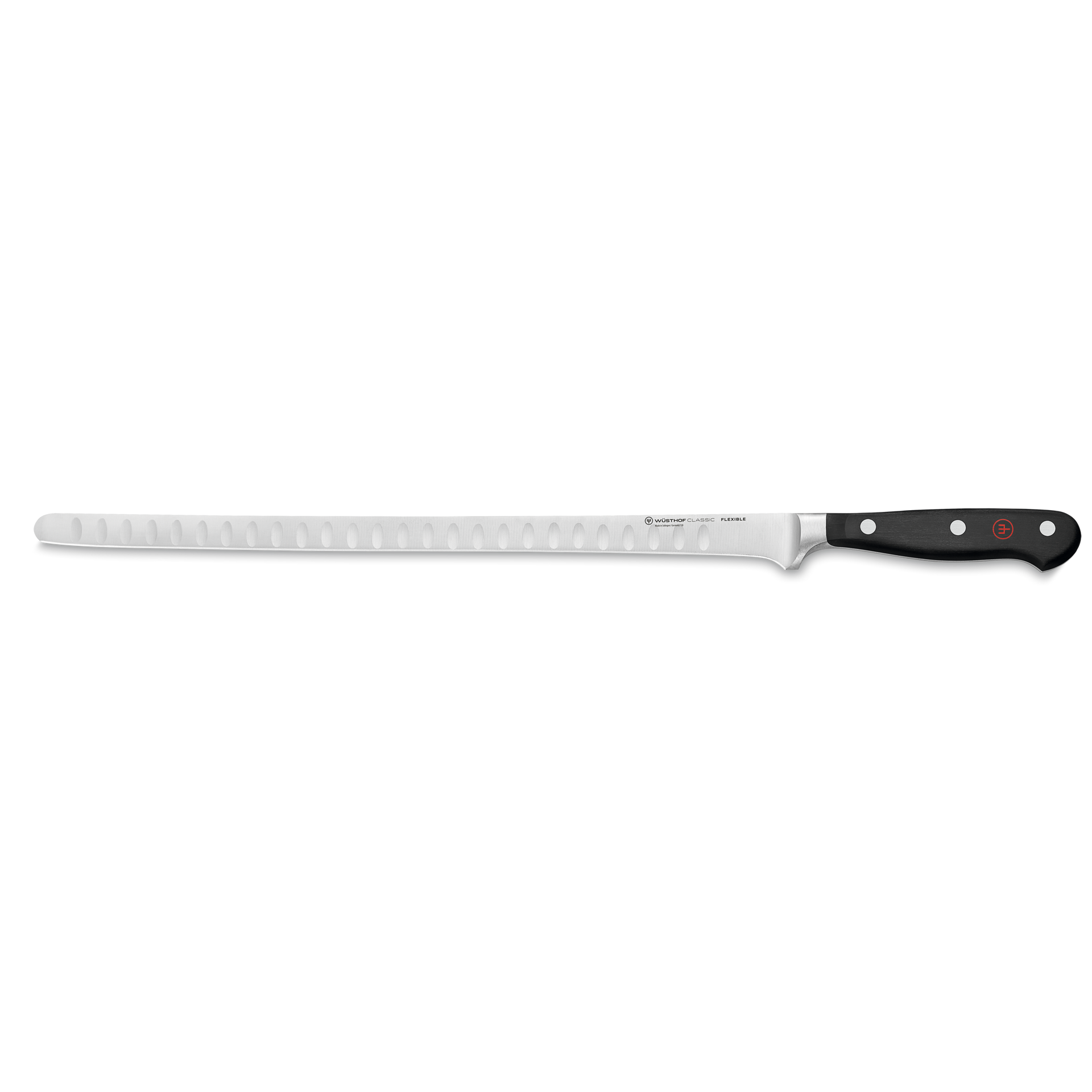 Classic 12" Salmon Slicer with Hollow Edge featuring a long, narrow forged stainless steel blade and a black ergonomic handle with three rivets.