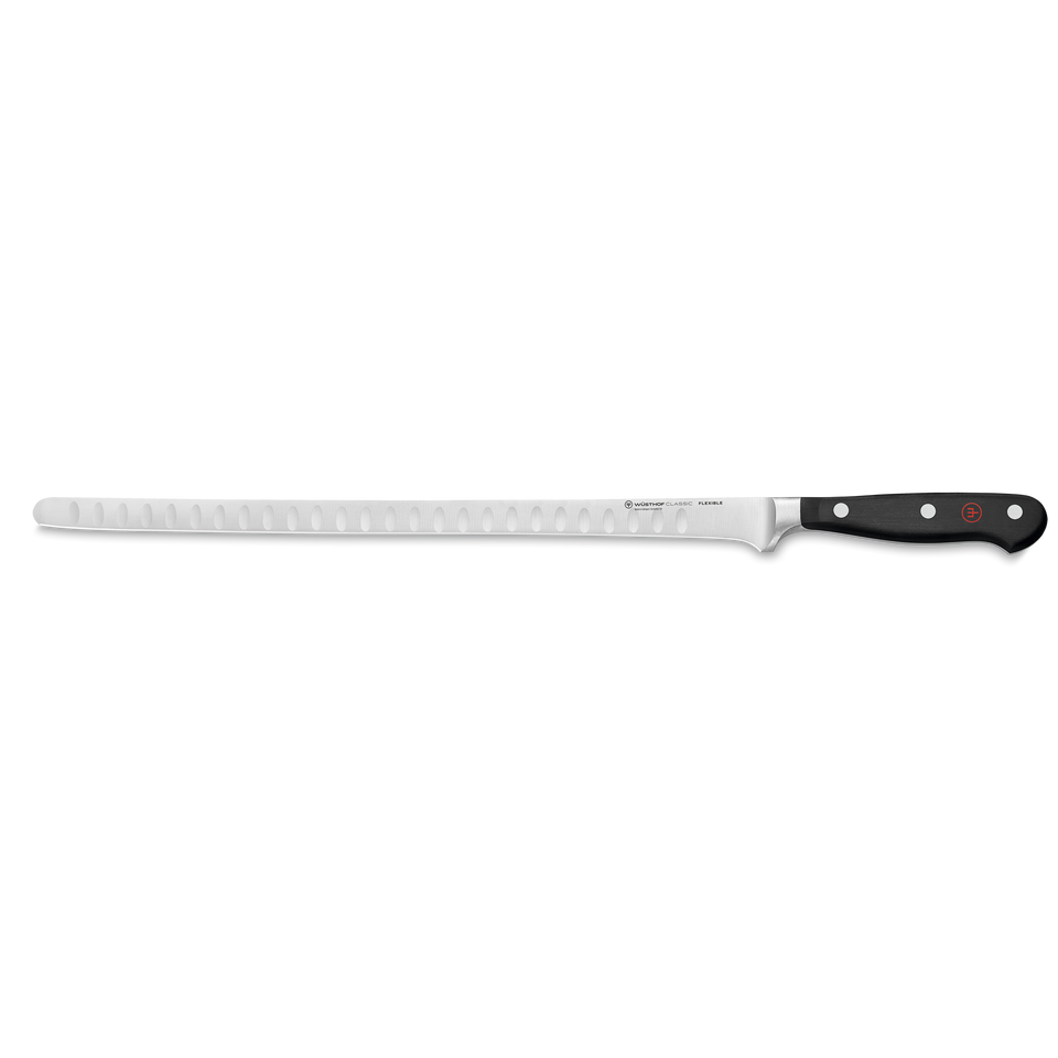 Classic 12" Salmon Slicer with Hollow Edge featuring a long, narrow forged stainless steel blade and a black ergonomic handle with three rivets.