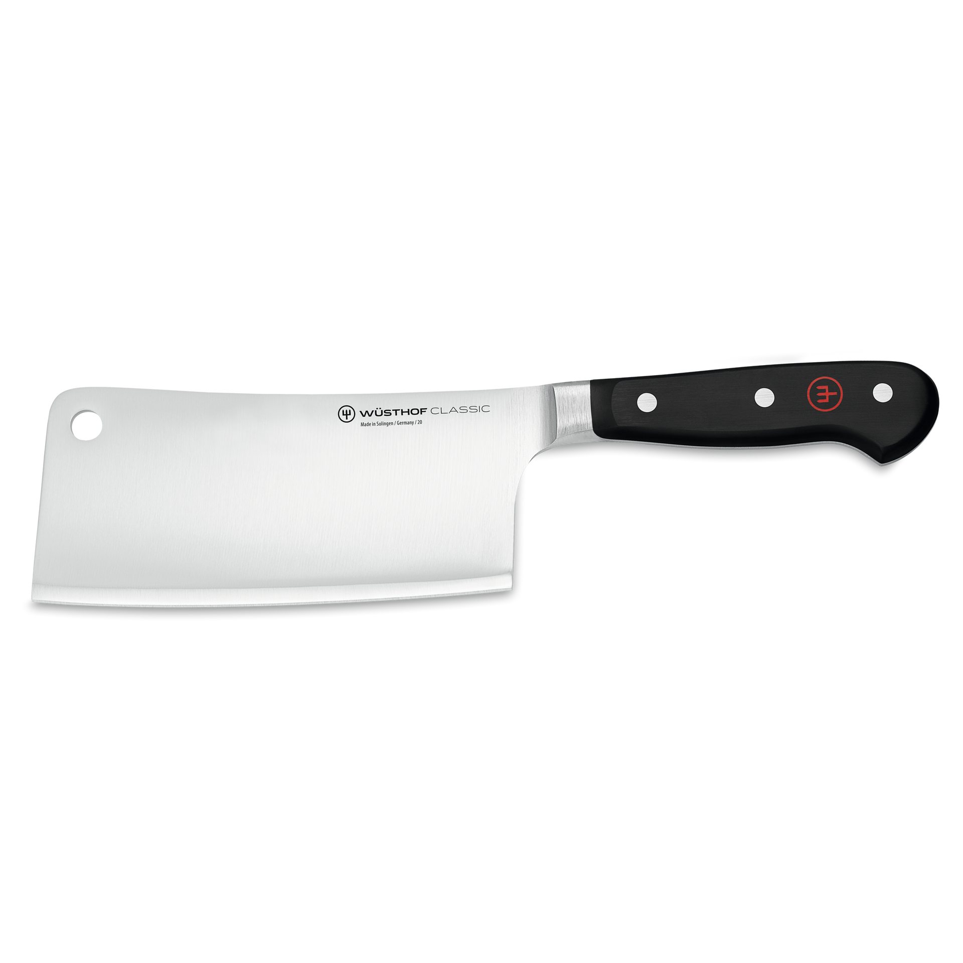 Classic 6" Cleaver with a broad, high-carbon stainless steel blade and a black ergonomic handle secured by three rivets for durability and control.