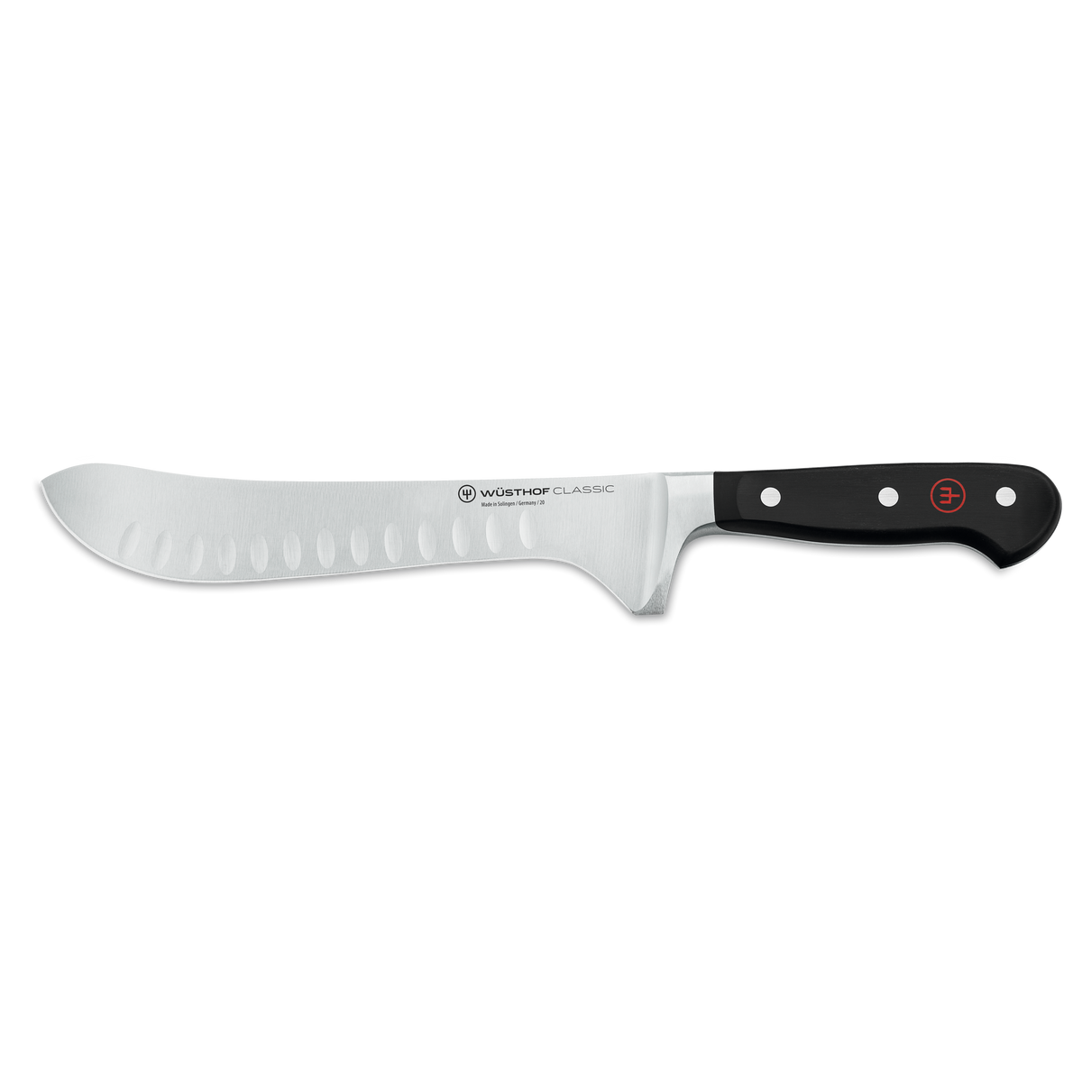Classic 8" Butcher Knife with Hollow Edge featuring a forged stainless steel blade with oval indentations and a triple-riveted black handle for enhanced control.