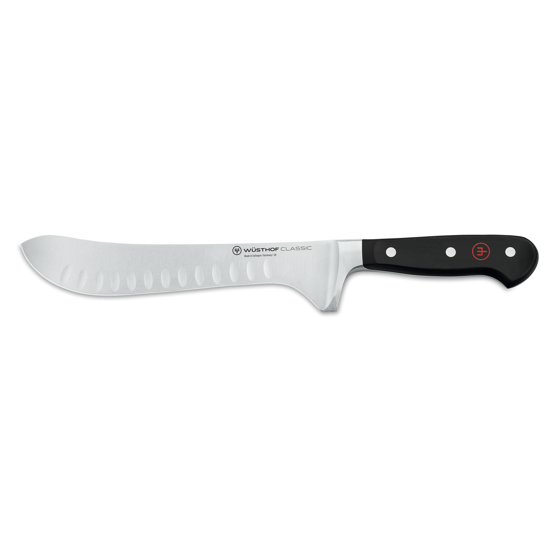 Classic 8" Butcher Knife with Hollow Edge featuring a forged stainless steel blade with oval indentations and a triple-riveted black handle for enhanced control.