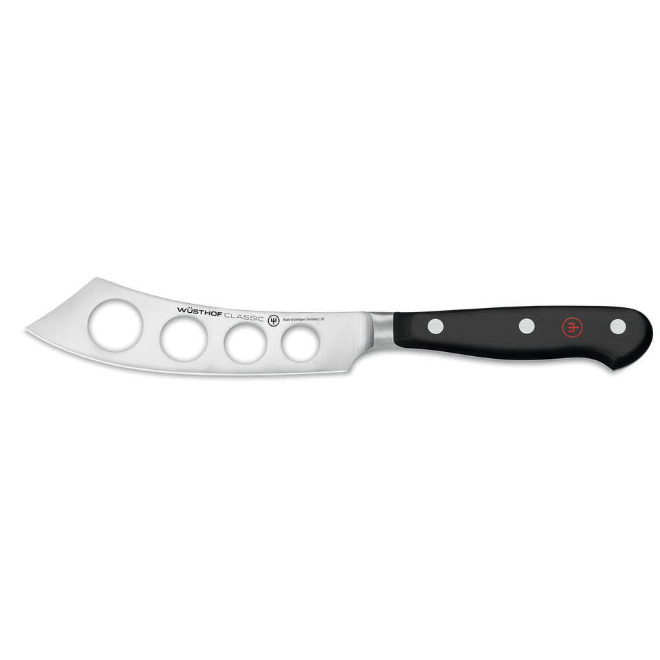 Classic 5" Soft Cheese Knife featuring a forged German steel blade with multiple large holes and a triple-riveted black handle for smooth, precise cheese slicing.