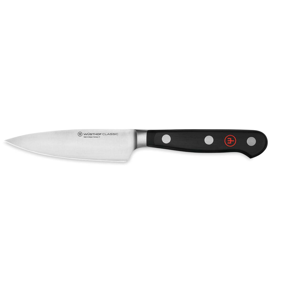 Classic 4" Extra Wide Paring Knife featuring a sharp forged German steel blade with a sturdy black ergonomic handle and triple rivets for control.