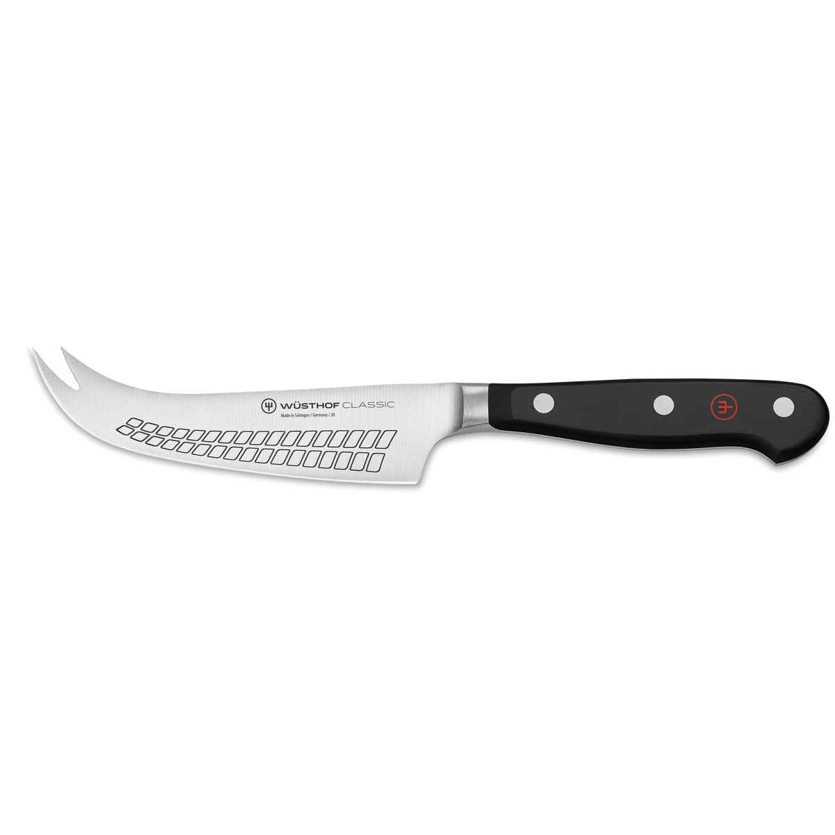 Classic 4 3/4" Hard Cheese Knife with a curved forged German steel blade featuring large air pockets and a triple-riveted black handle for controlled cutting.