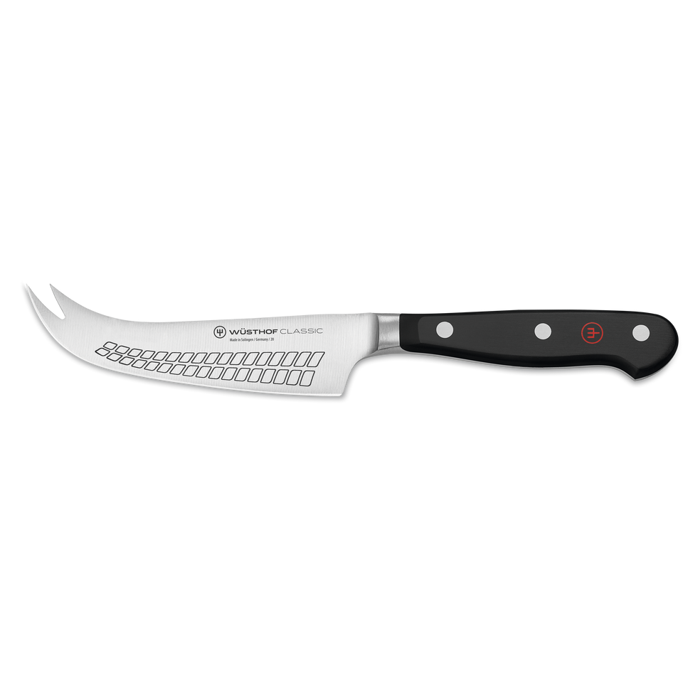 Classic 4 3/4" Hard Cheese Knife with a curved forged German steel blade featuring large air pockets and a triple-riveted black handle for controlled cutting.