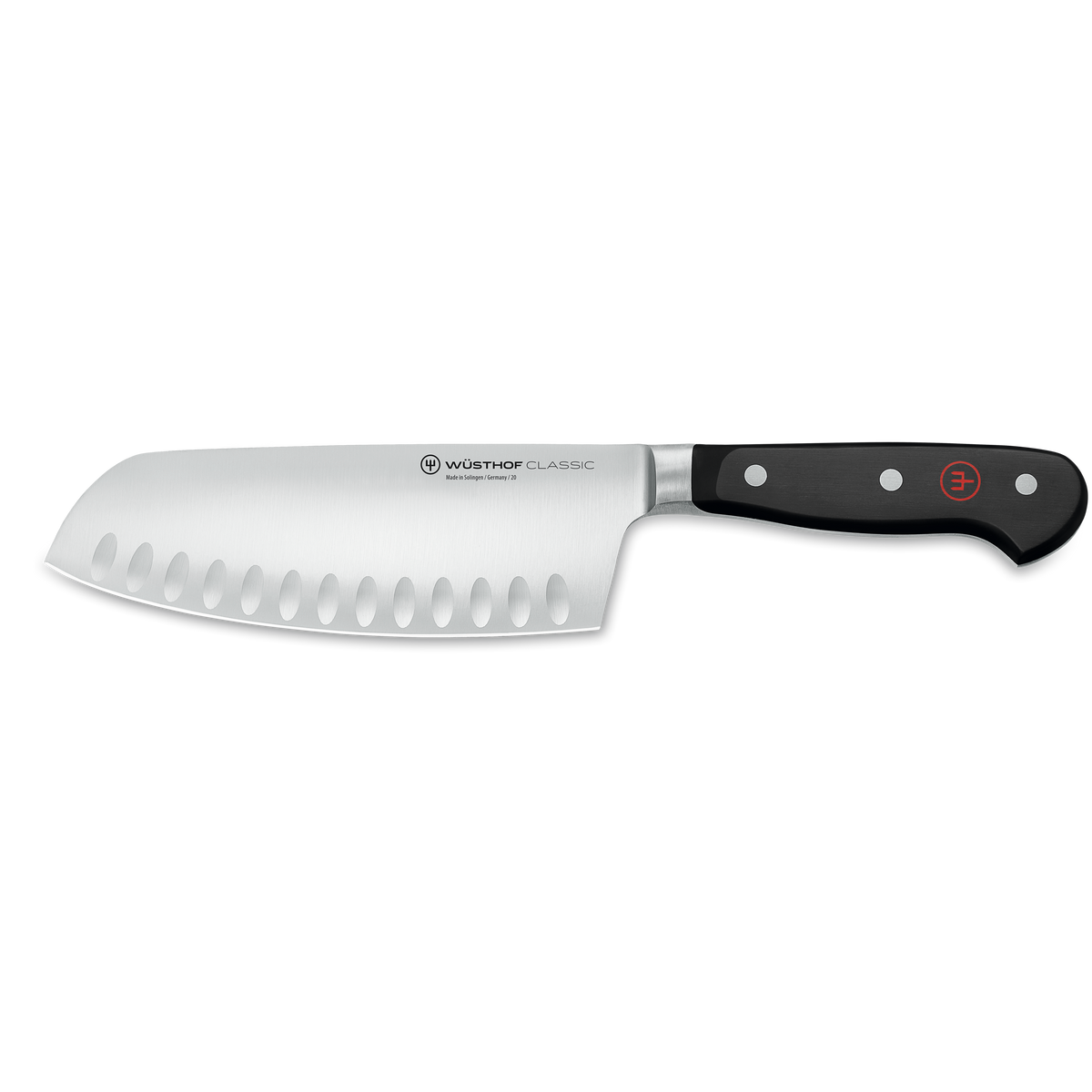 Classic 7" Hollow Edge Chai Dao with a forged German stainless steel blade featuring hollow edges and a black triple-riveted handle for precise and smooth cutting.