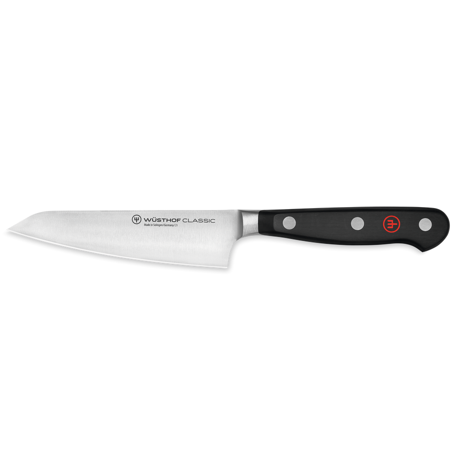 Classic 4 1/2" Asian Utility Knife featuring a forged German steel blade and a triple-riveted black ergonomic handle for precise and comfortable cutting.