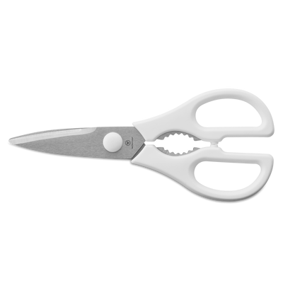 Pull-Apart Kitchen Shears with stainless steel blades featuring a built-in bottle opener and white ergonomic handles designed for versatile kitchen utility.