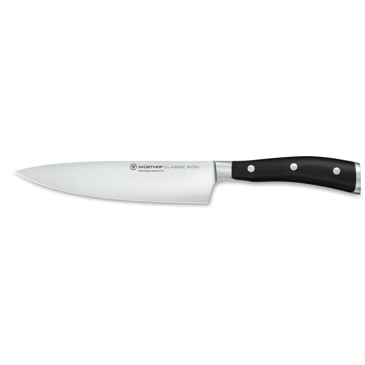 Classic Ikon 7" Chef's Knife featuring a forged German stainless steel blade and a triple-riveted black handle for precision cutting and durability.
