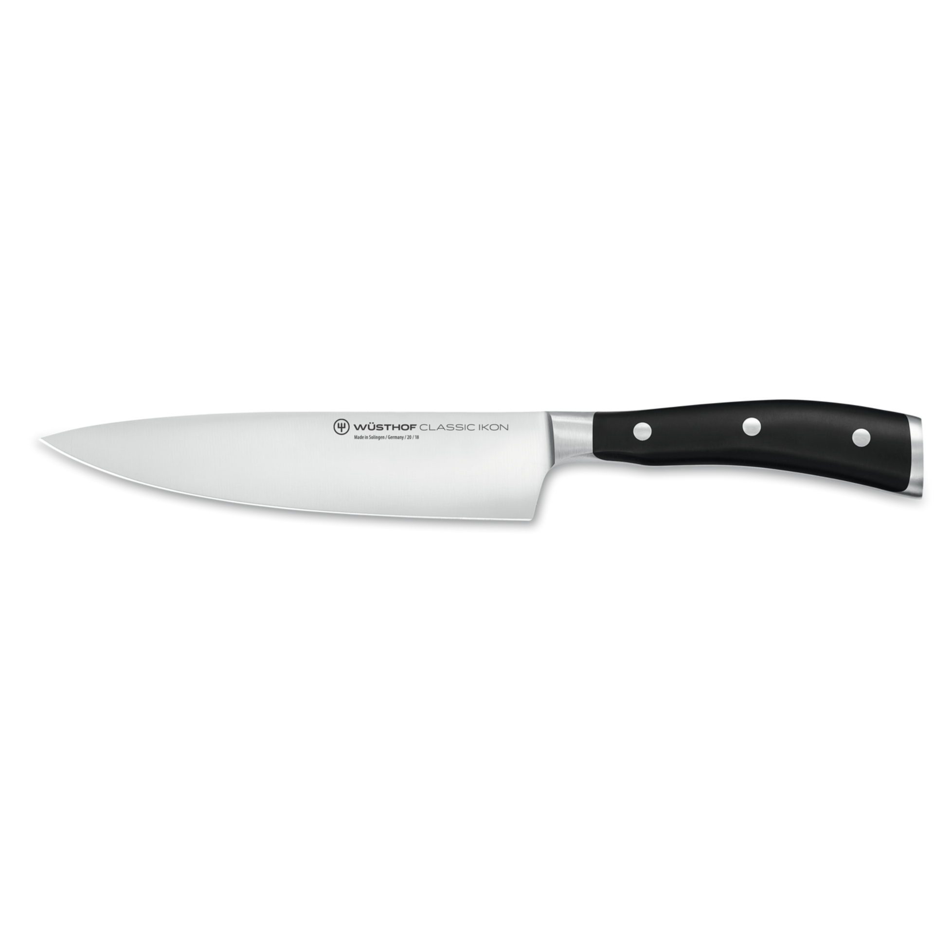 Classic Ikon 7" Chef's Knife featuring a forged German stainless steel blade and a triple-riveted black handle for precision cutting and durability.