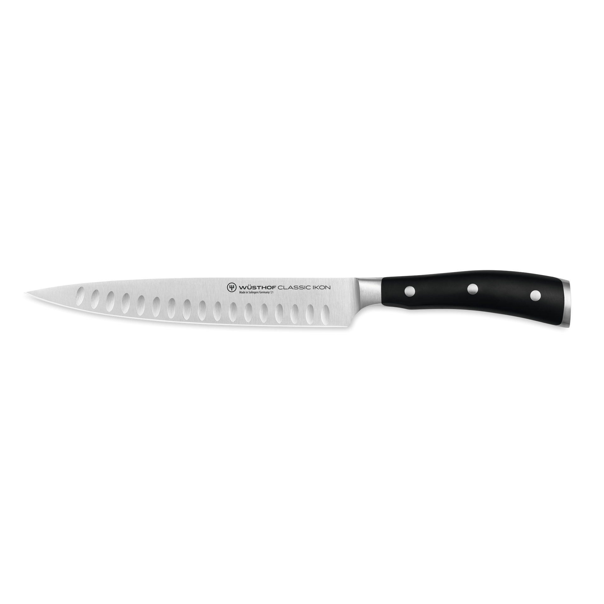Classic Ikon 8" Hollow Edge Carving Knife with a German-forged blade featuring hollow indentations and a triple-riveted black ergonomic handle for precise slicing.