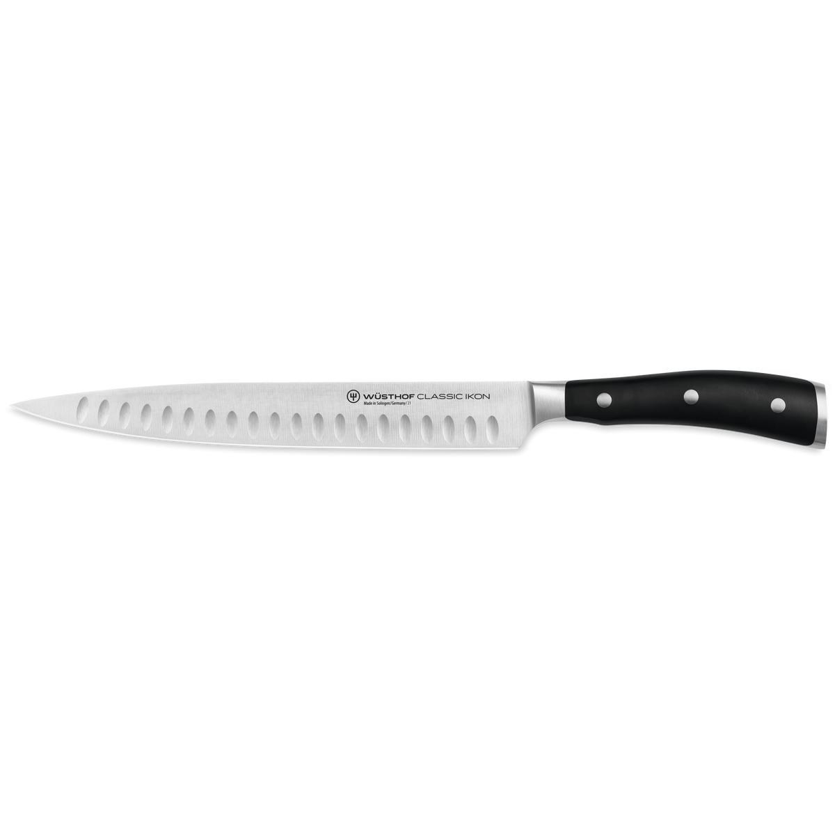 Classic Ikon 9" Hollow Edge Carving Knife with German-forged steel blade featuring hollow-ground indentations and a triple-riveted black ergonomic handle.