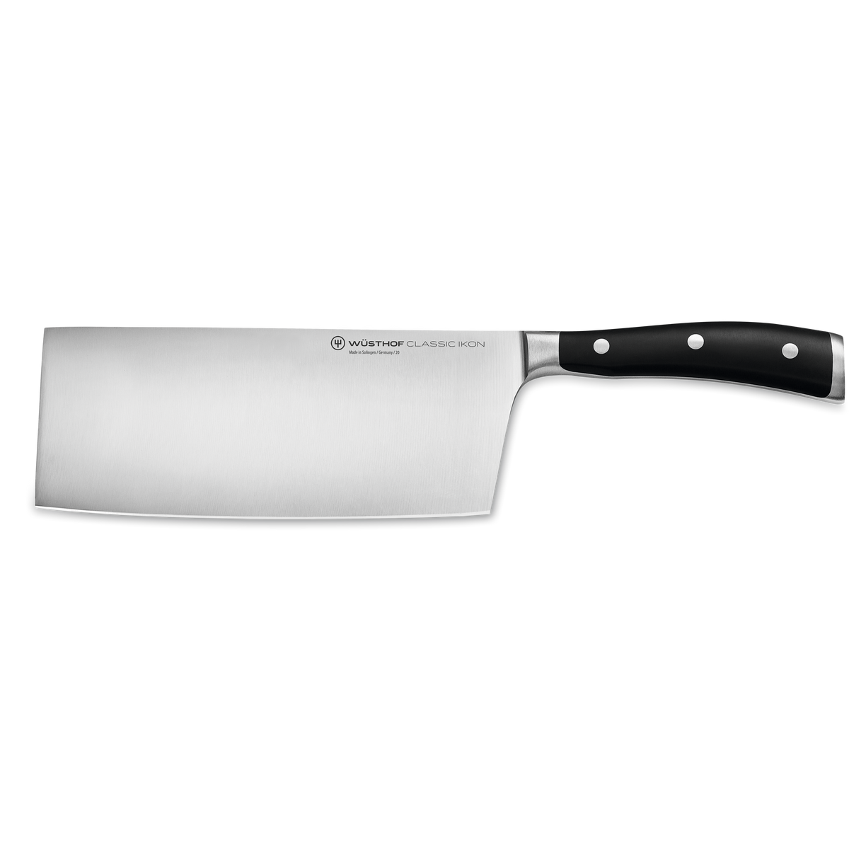 Classic Ikon 7" Chinese Chef's Knife featuring a wide forged German blade with polished stainless steel and a black ergonomic handle with triple rivets.