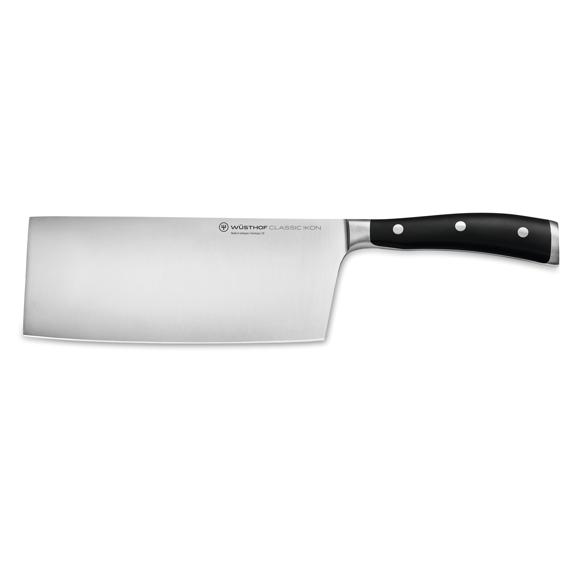 Classic Ikon 7" Chinese Chef's Knife featuring a wide forged German blade with polished stainless steel and a black ergonomic handle with triple rivets.