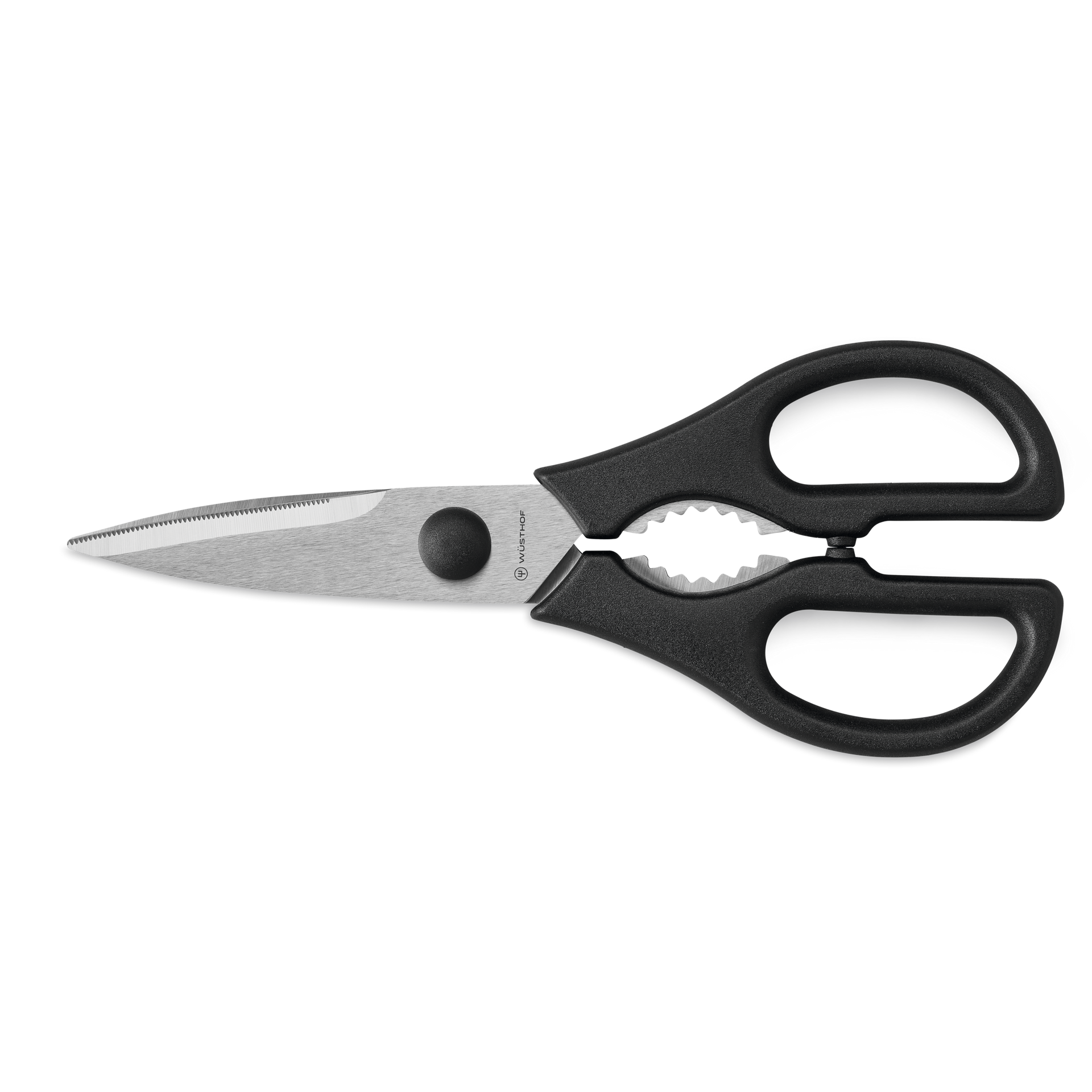 Pull-Apart Kitchen Shears featuring stainless steel blades with serrated edges and ergonomic black handles designed for comfortable multi-purpose use.