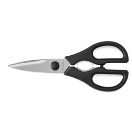 Pull-Apart Kitchen Shears featuring stainless steel blades with serrated edges and ergonomic black handles designed for comfortable multi-purpose use.