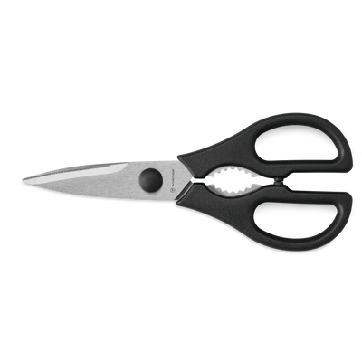 Pull-Apart Kitchen Shears featuring stainless steel blades with serrated edges and ergonomic black handles designed for comfortable multi-purpose use.