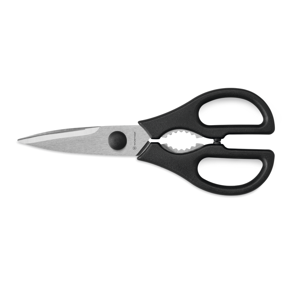 Pull-Apart Kitchen Shears featuring stainless steel blades with serrated edges and ergonomic black handles designed for comfortable multi-purpose use.
