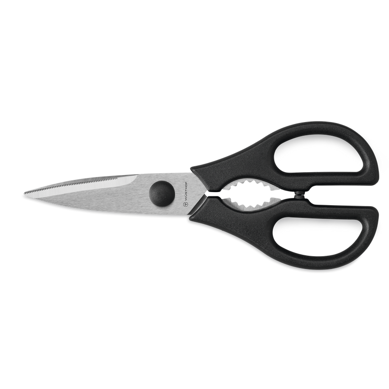 Classic 6-Piece Starter Knife Block Set featuring multipurpose kitchen shears with stainless steel blades and ergonomic black handles for precision cutting.