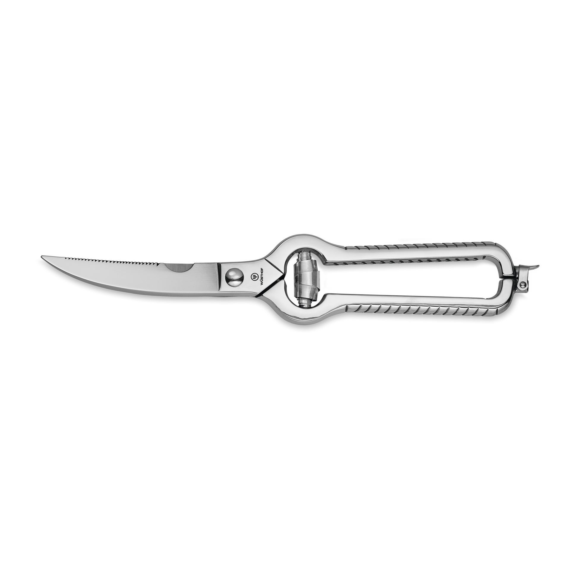10" Stainless Steel Poultry Shears with a sharp serrated blade and ergonomic stainless steel handles designed for precise and effortless cutting.