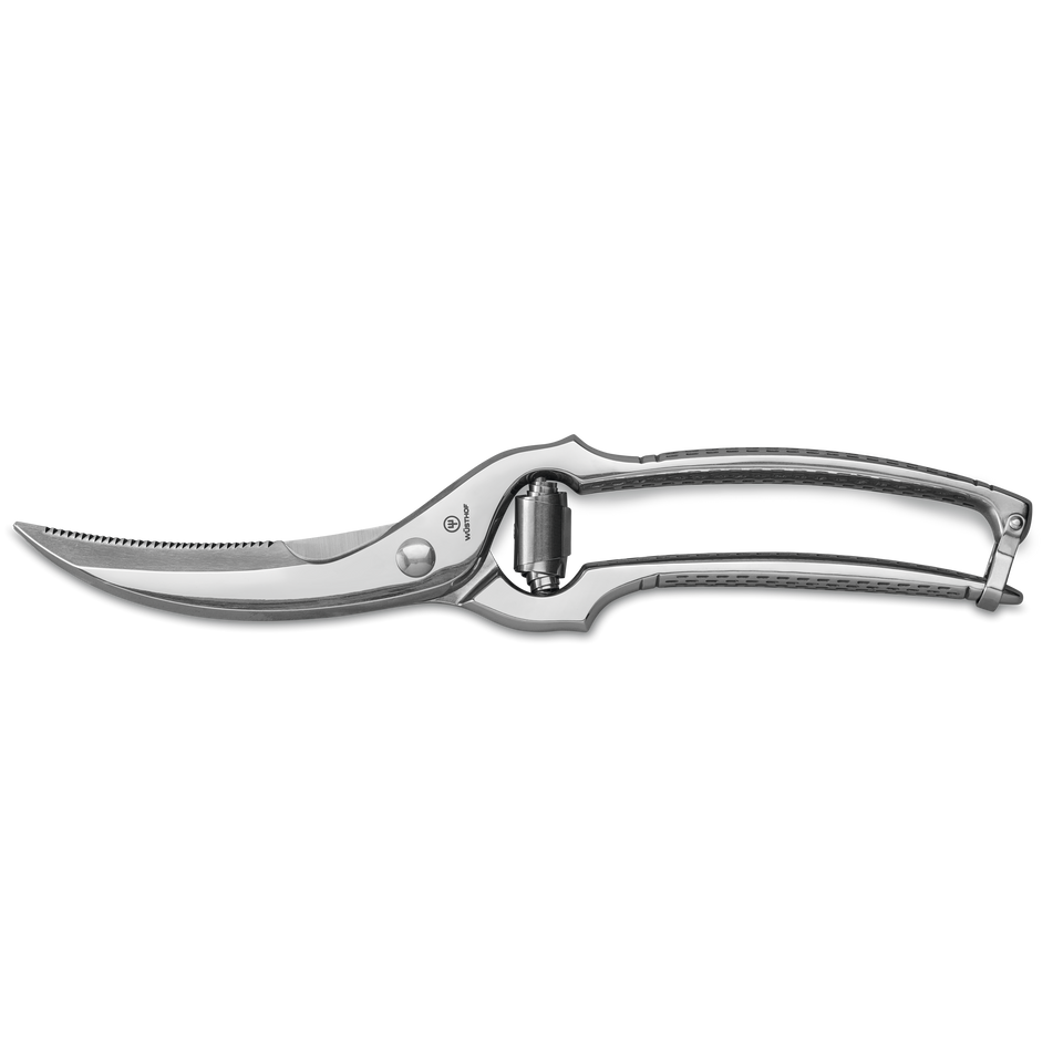 10" Stainless Steel Poultry Shears with curved, serrated blades and a sturdy all-metal handle designed for precision cutting of poultry and meats.