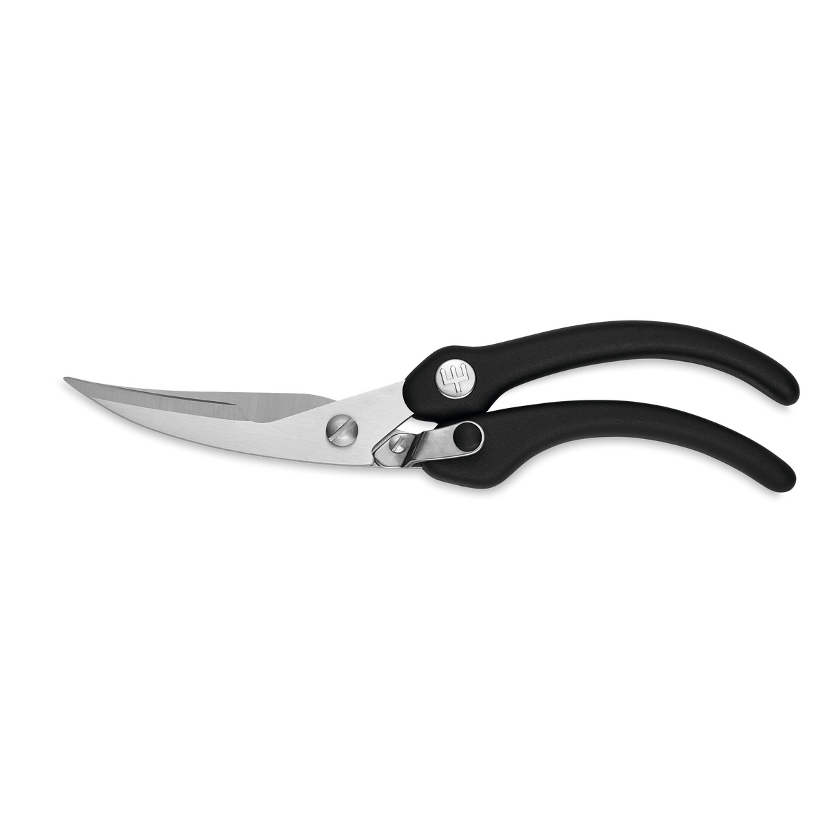 10" Poultry Shears with curved stainless steel blades and black ergonomic handles featuring a locking safety mechanism for secure cutting.