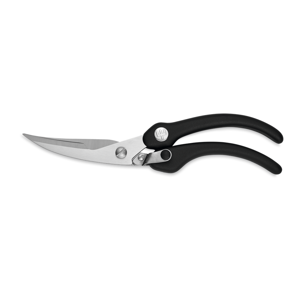 10" Poultry Shears with curved stainless steel blades and black ergonomic handles featuring a locking safety mechanism for secure cutting.